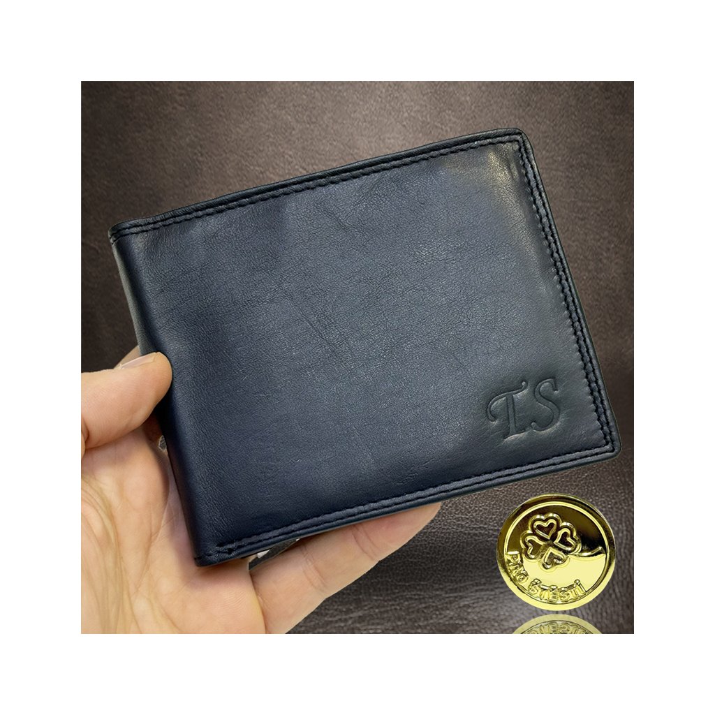 Modrá slim kožená peněženka s monogramem