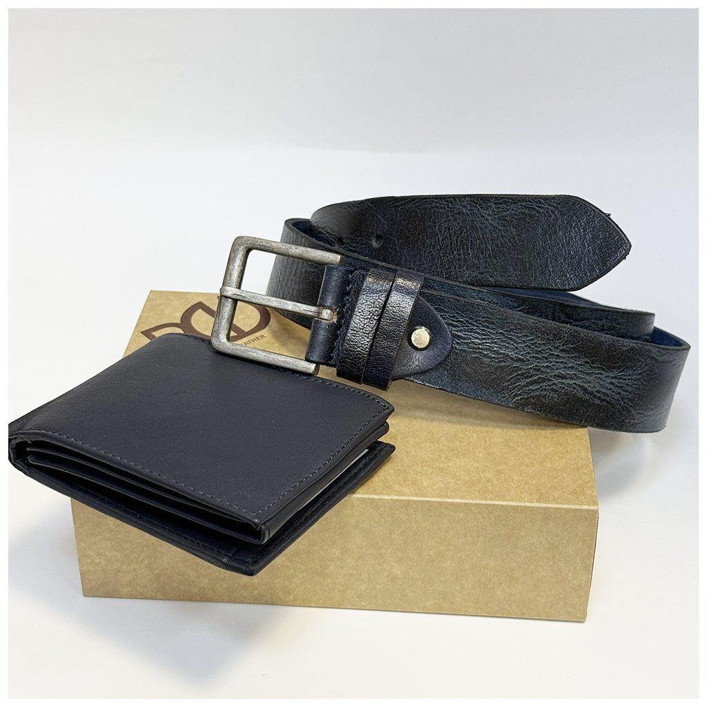 Luxusní kožený set peněženka a pásek v úžasné modré barvě